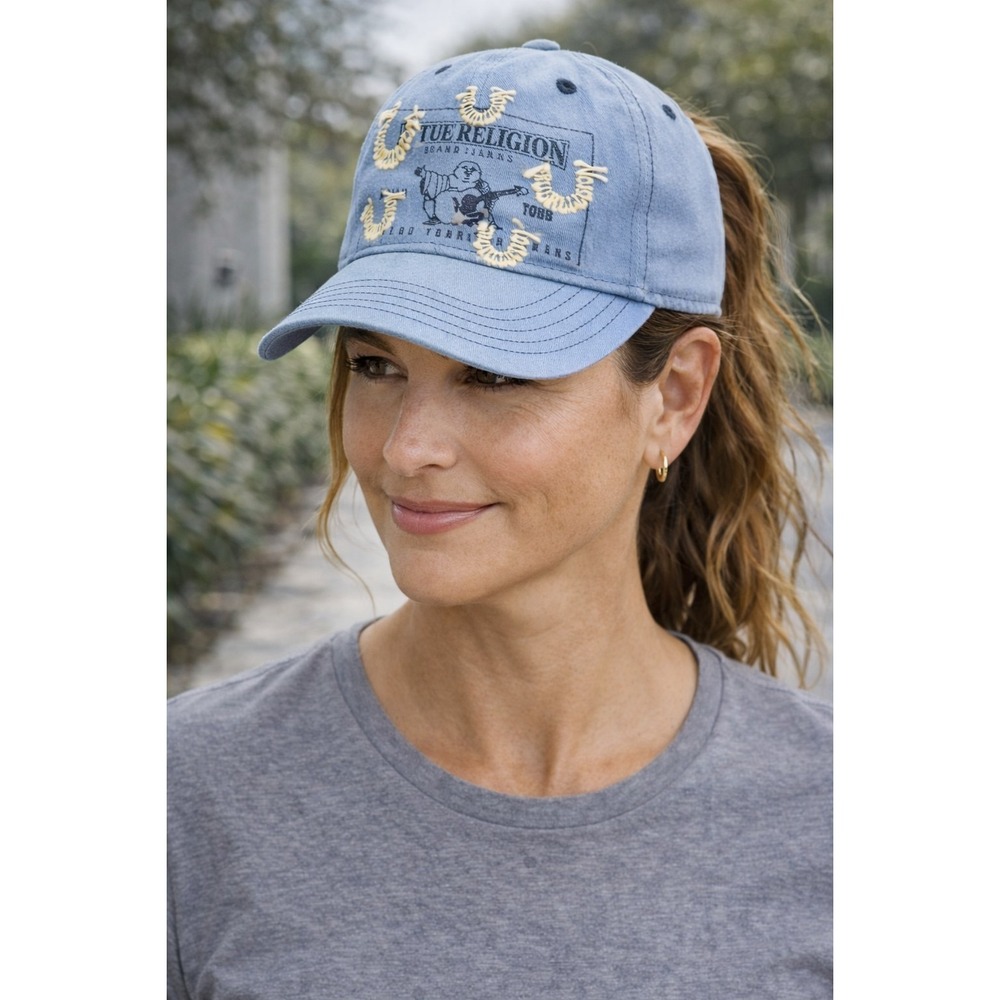 True Religion UNISEX Light Blue Horseshoe Strapback Hat Metal Logo Buckle Cotton